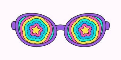 Retro hippie psychedelic style sunglasses. Geometric abstract vector glasses isolated on white background, 70s groovy fashion. Doodle stars pattern for printing on T-shirts, cards.