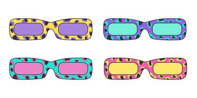 Set of multicolored retro hippy sunglasses with leopard print isolated on white background. Neon stickers in 70s style, groovy psychedelic vector vintage elements, bright colors.