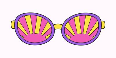 Retro hippie psychedelic style sunglasses. Geometric abstract vector glasses isolated on white background, 70s groovy fashion. Doodle sun pattern for printing on T-shirts, cards.