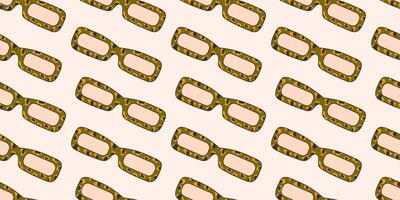 Seamless pattern with fashionable sunglasses in groove style, carton. Retro accessory on a light background, hippie, 1970s. Various trippy patterns in the glass, leopard print. vector