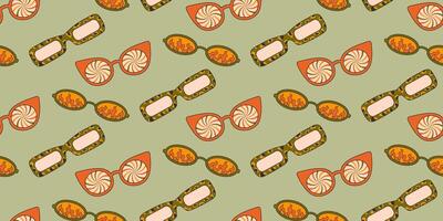 Seamless pattern with fashionable sunglasses in groove style, carton. Retro accessory on a light background, hippie, 1970s. Various trippy patterns in glass, spiral, fire, leopard. vector