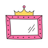 Cute rectangular minimalistic vector frame with crown isolated on white background. Pink mirror for little princess, beautiful decorative border, hand drawn, doodle illustration.