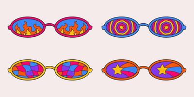 Set of bright oval sunglasses in a groovy style isolated on a light background. Vintage retro colors, star, fire and checkered print on glass. Psychedelic vector doodle stickers, 70s, nostalgia