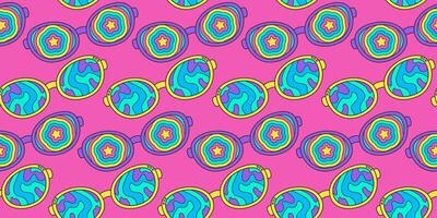 Neon background, bright seamless pattern, vector stickers on a pink background. Retro hippie sunglasses with 70s style print, waves and stars.