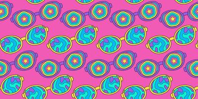 Neon background, bright seamless pattern, vector stickers on a pink background. Retro hippie sunglasses with 70s style print, waves and stars.