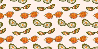 Seamless pattern with fashionable sunglasses in groove style, carton. Retro accessory on a light background, hippie, 1970s. Various trippy patterns in glass, daisies, waves, sun. vector