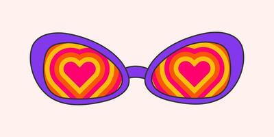 Retro hippie psychedelic style sunglasses. Geometric abstract vector glasses isolated on white background, 70s groovy fashion. Doodle bright heart pattern for printing on T-shirts, cards.