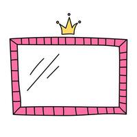 Cute rectangular minimalistic vector frame with crown isolated on white background. Pink mirror for little princess, beautiful decorative border, hand drawn, doodle illustration.