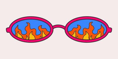 Bright oval sunglasses in a groovy style isolated on a light background. Vintage retro colors, flame print on glass. Psychedelic vector doodle sticker, 70s, nostalgia, hippie.