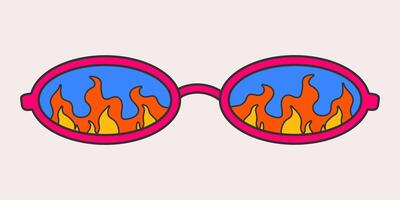 Bright oval sunglasses in a groovy style isolated on a light background. Vintage retro colors, flame print on glass. Psychedelic vector doodle sticker, 70s, nostalgia, hippie.