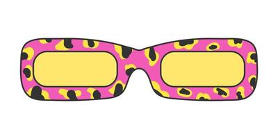 Retro hippy sunglasses with leopard print isolated on white background. Neon sticker in 70s style, groovy psychedelic vector vintage element, pink and yellow colors.