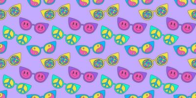 Neon background, bright seamless pattern, vector stickers on a purple background. Retro hippie sunglasses with 70s style print, smile, disco ball, peace sign.