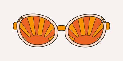 Fashionable sunglasses in groove style, carton. Retro accessory on a light background, hippie, 1970s. Various trippy patterns in glasses, sun. vector