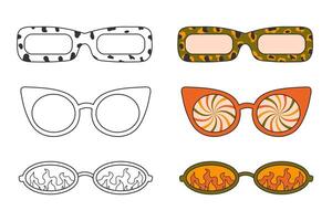 Cute coloring page, different hippie sunglasses in 70s style. Vintage retro colors and outline doodle elements on white background, simple illustration for children. Print with leopard, stripes, fire. vector