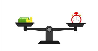 a balance scale with a clock and money on it video