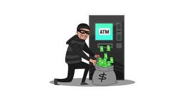 Male thief stealing money from ATM machine into a sack video