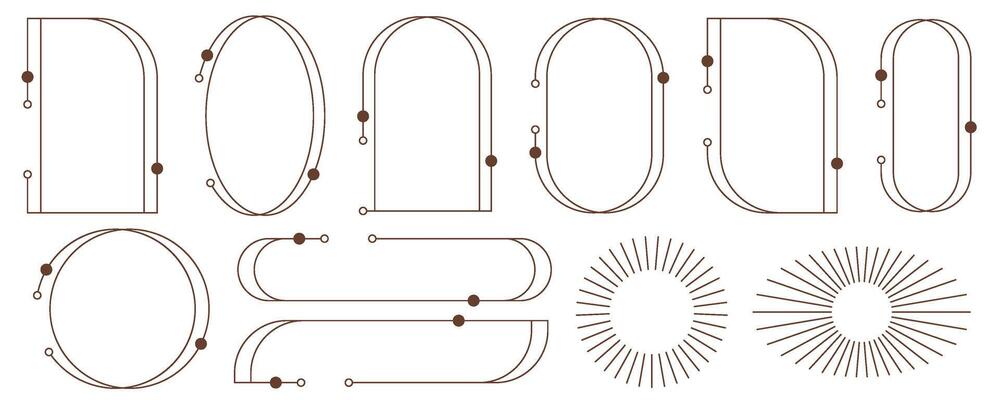 Aesthetic frames and shapes. Minimal y2k outline graphic design with sparkles. Abstract minimalistic arches borders. Trendy boho geometric templates set. Vector illustration.