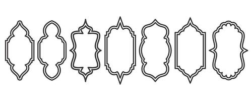 Ramadan frame shapes. Window Arabic arc outline elements. Door design with Turkish ornament. Muslim oriental sticker template. Traditional decoration set for banner and badge. vector