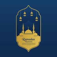 Ramadan Kareen Vector poster flat art with mosque doom and hanging lantern in background Crescent moon and starry sky night Design isolated free editable for content material asset