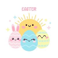 Happy Easter greeting card with cute eggs and sun. Set of Easter colorful eggs in kawaii style vector