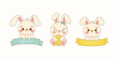 Happy Easter greeting card with cute white bunny and egg in kawaii style. Easter bunnies holding a ribbon with the inscription Happy Easter vector