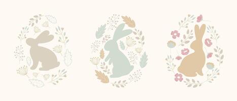 Easter card, banner with rabbits, eggs, flowers. Easter eggs with a pattern of flowers in folk style vector