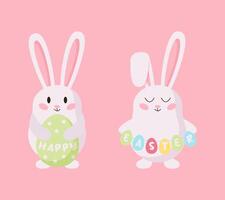 Cute cartoon easter bunnies with colored eggs. Happy easter day card vector