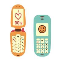 A set of old push-button mobile phones from the 90s. Vector in retro style.