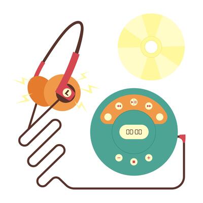 Portable CD player, headphones, disc. Colored vector illustration in 90s style. White background