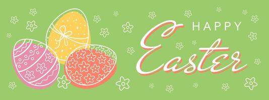 Happy Easter banner with hand drawn colored Easter eggs on green background in doodle line art style. vector