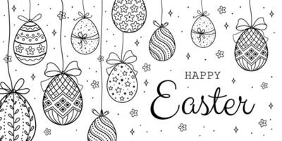 Happy Easter greeting card with hanging Easter eggs on white background vector