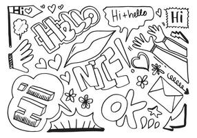 Hi, hello, nice, ok in Doodle sketch. Hand drawn vector stock illustration.