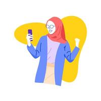 Vector young woman holding a cellphone cheerfully