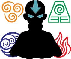 this is a silhouette of avatar aang and four bender elements vector