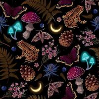 Magical forest flora and fauna vector pattern