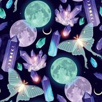 Seamless vector pattern with moths and crystals