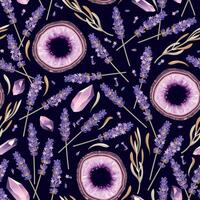 Vector seamless pattern with lavender and geodes