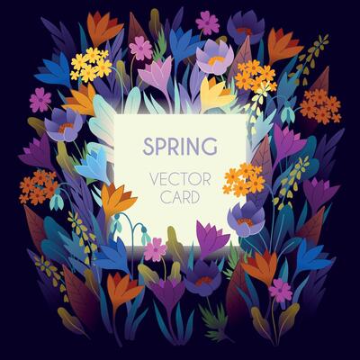 Spring card with flowers on dark background