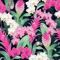 Seamless pattern with exotic flowers and leaves vector