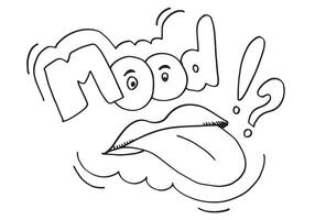 Tongue with question mark symbol sign. Cartoon emoji expressing boredom and tiredness. vector