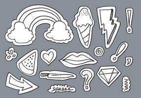 Collection of stickers with doodle style. Set of cartoon stickers, patches, badges, pins, prints for kids. Doodle style. Vector illustration.