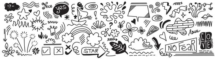 Set of cute doodle element vector. Hand drawn arrow, heart, emphasis, thunderbolt, leaves, speech bubble, underline, sparkle element. Vector illustration.