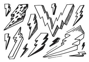 set of hand drawn vector doodle electric lightning bolt symbol sketch illustrations. thunder symbol doodle icon.