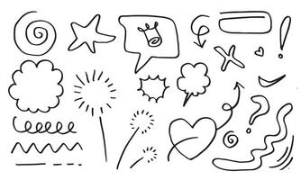 hand drawn set element,black on white background.arrow,leaves,speech bubble,heart,light,king,emphasis,swirl,for concept design. vector