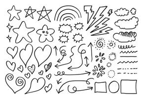 Hand drawn doodle design elements, black on white background. wind, swoops, emphasis, Arrow, crown, line, hill. doodle sketch design elements vector