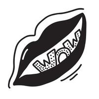 mouth with WOW text. Comic doodle sketch style. WOW icon lettering. vector