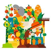 Garden, farm and agriculture. Illustrations of farmers, chickens, bountiful harvests and nature. Great for posters, ads, flyers and more vector