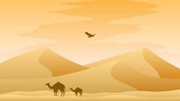 Sand desert landscape vector illustration. Heat and dry arabian sand desert with camel and eagle. Dune desert landscape for illustration, background or wallpaper