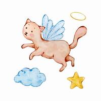 Watercolor cute baby angel cat, nursery vector