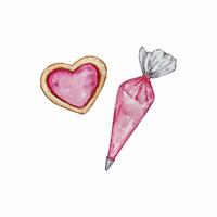 Watercolor pastry bag and cookie with pink glaze vector